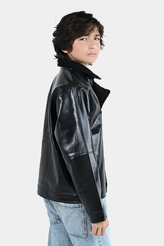 Boys PU Jacket Sherpa Collar - BLACK