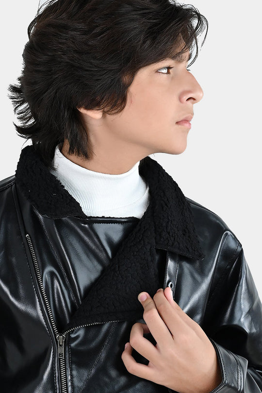 Boys PU Jacket Sherpa Collar - BLACK