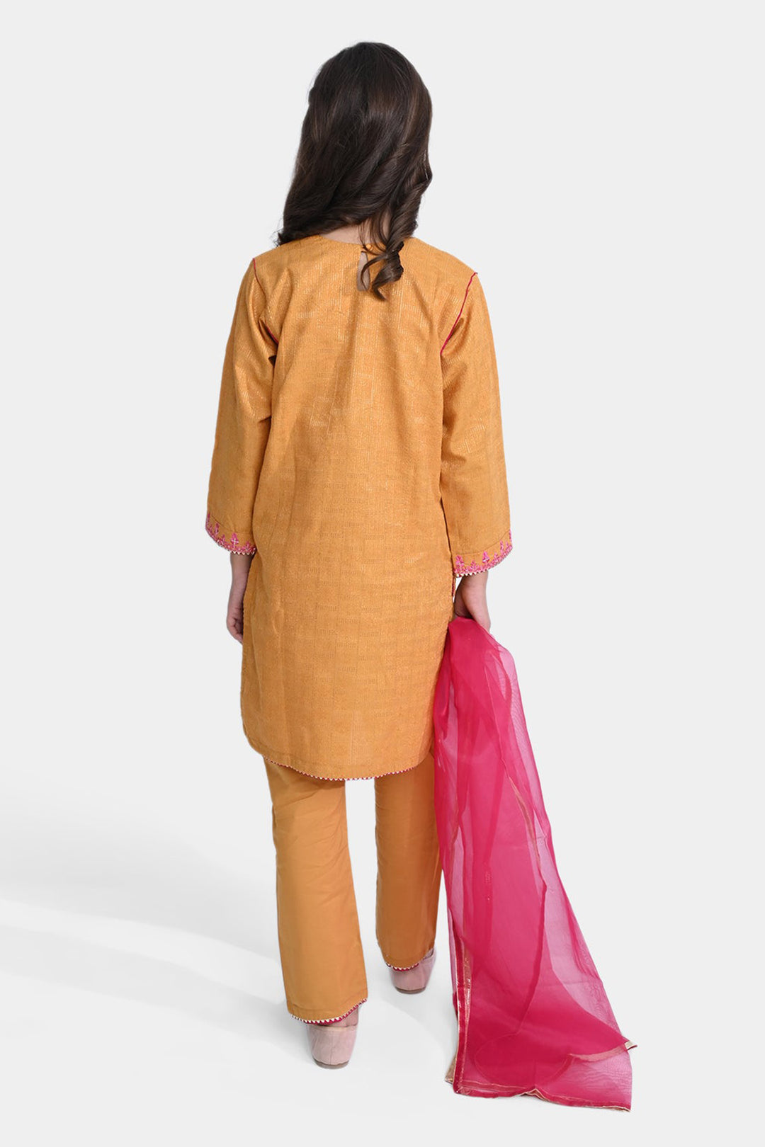 Girls Jacquard 3Pcs Suit Naaz - Golden Glow