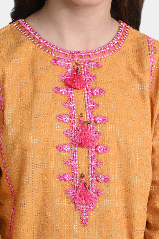 Girls Jacquard 3Pcs Suit Naaz - Golden Glow