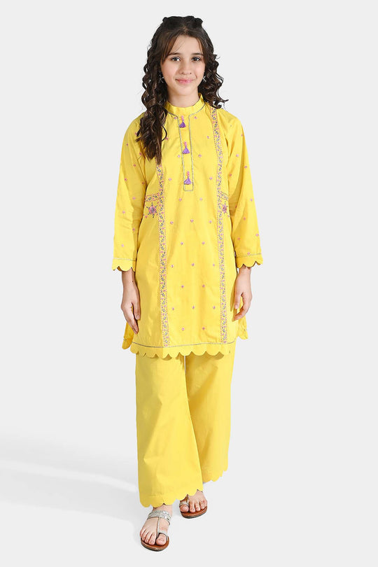Girls Cotton Poplin Emb 2 Pcs Lime-Yellow