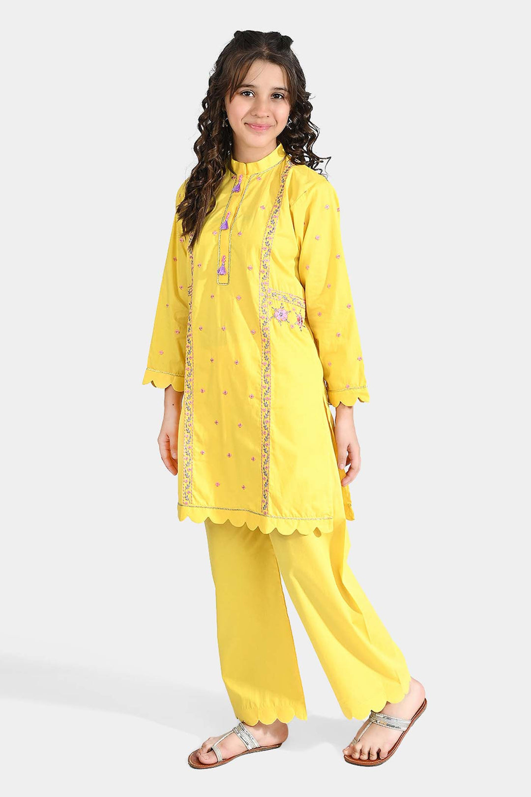 Girls Cotton Poplin Emb 2 Pcs Lime-Yellow