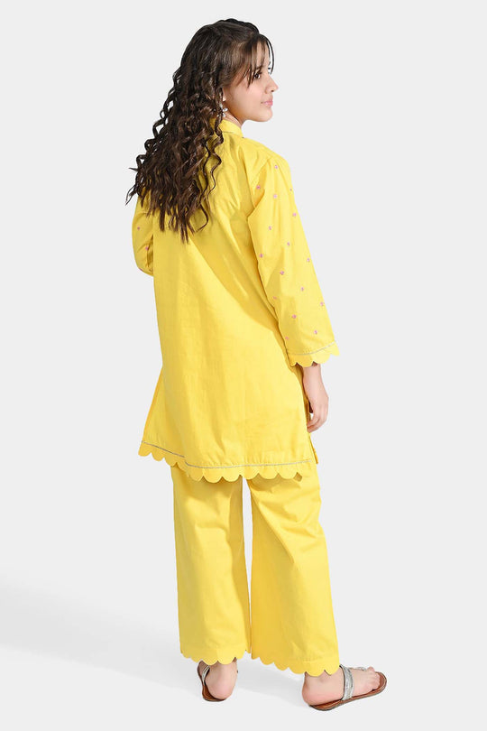 Girls Cotton Poplin Emb 2 Pcs Lime-Yellow