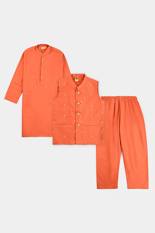 Boys Cotton Poplin 3 Piece Suit (Tone On Tone)-B/Orange