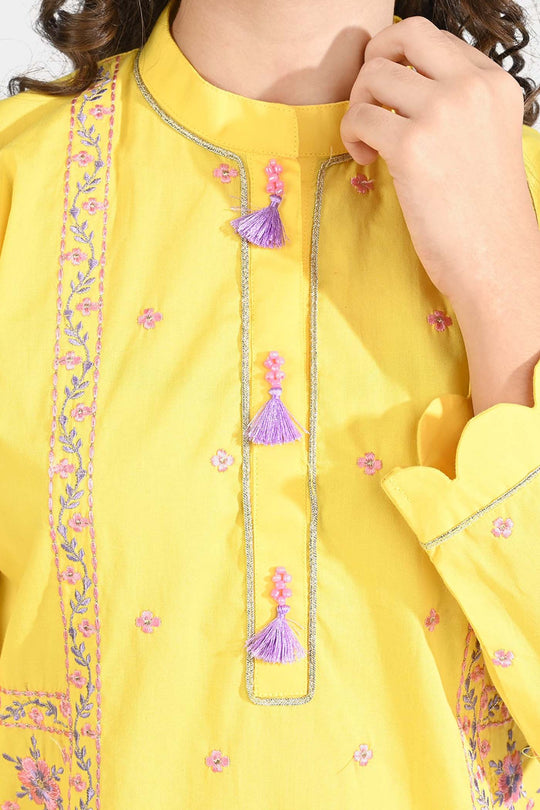 Girls Cotton Poplin Emb 2 Pcs Lime-Yellow