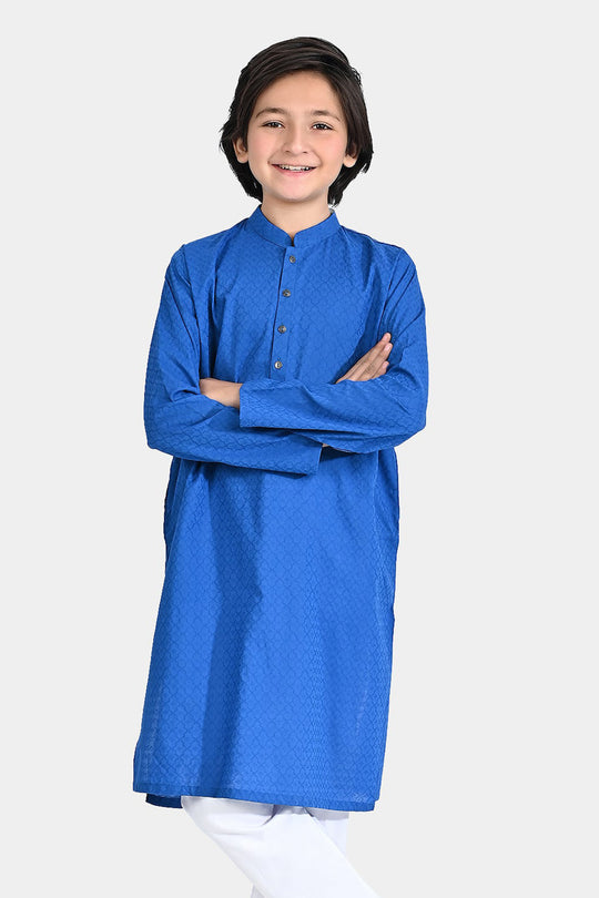 Boys Cotton Basic Kurta (Ogee Pattern)-Blue