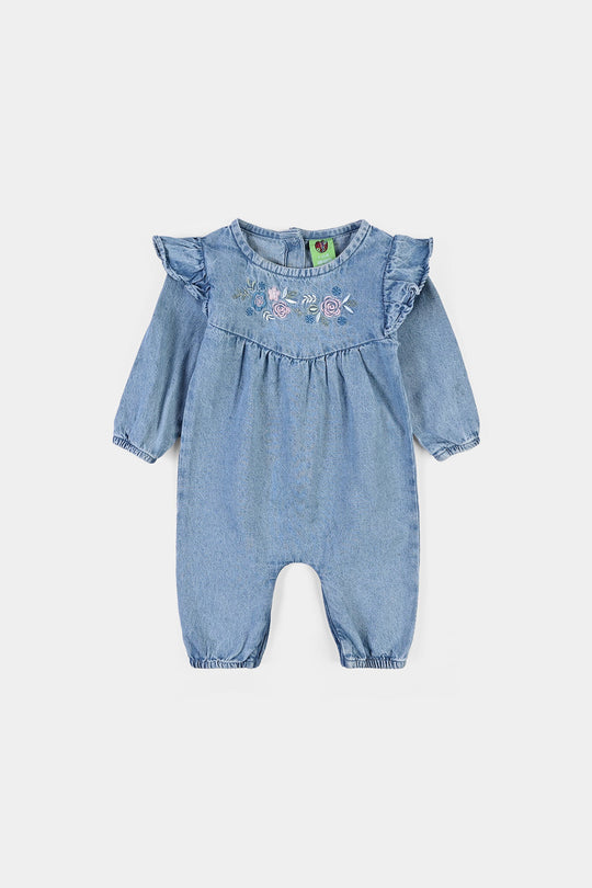 Infant Girls Denim Tensile (Light Denim) Woven Romper-BLUE