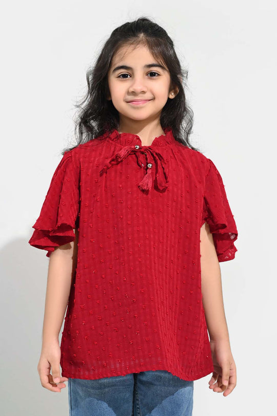 Girls Casual Top Flared Sleeves-MAROON Chiffon