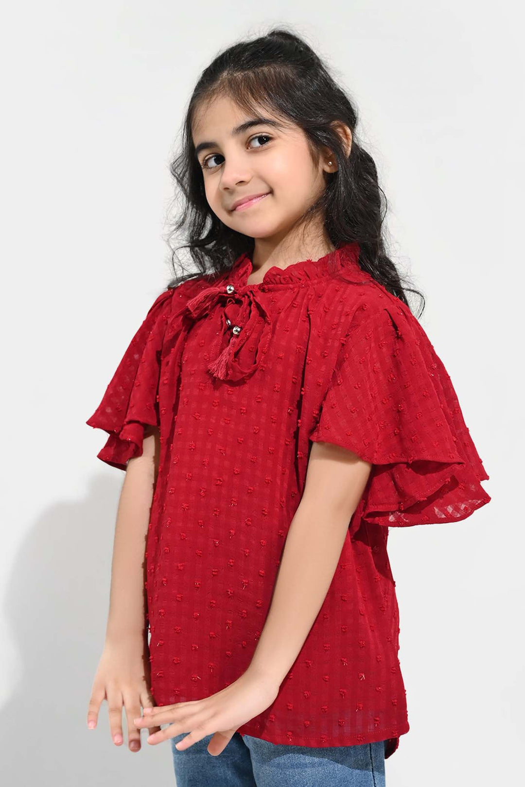 Girls Casual Top Flared Sleeves-MAROON Chiffon