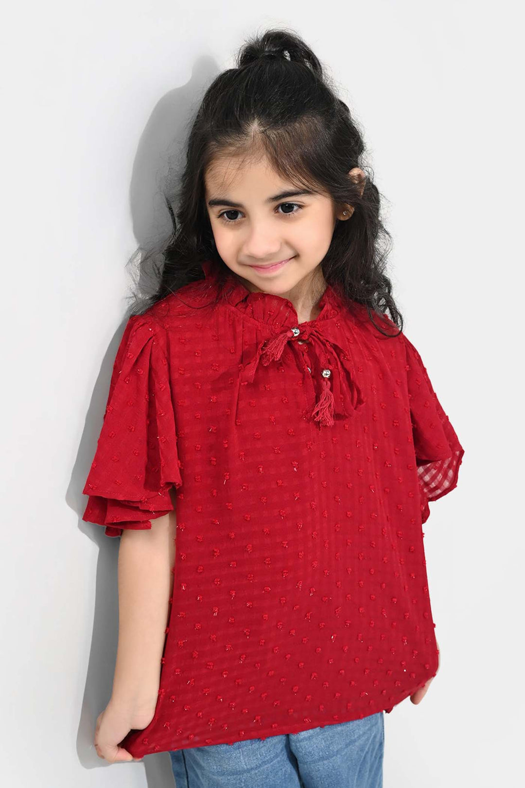 Girls Casual Top Flared Sleeves-MAROON Chiffon