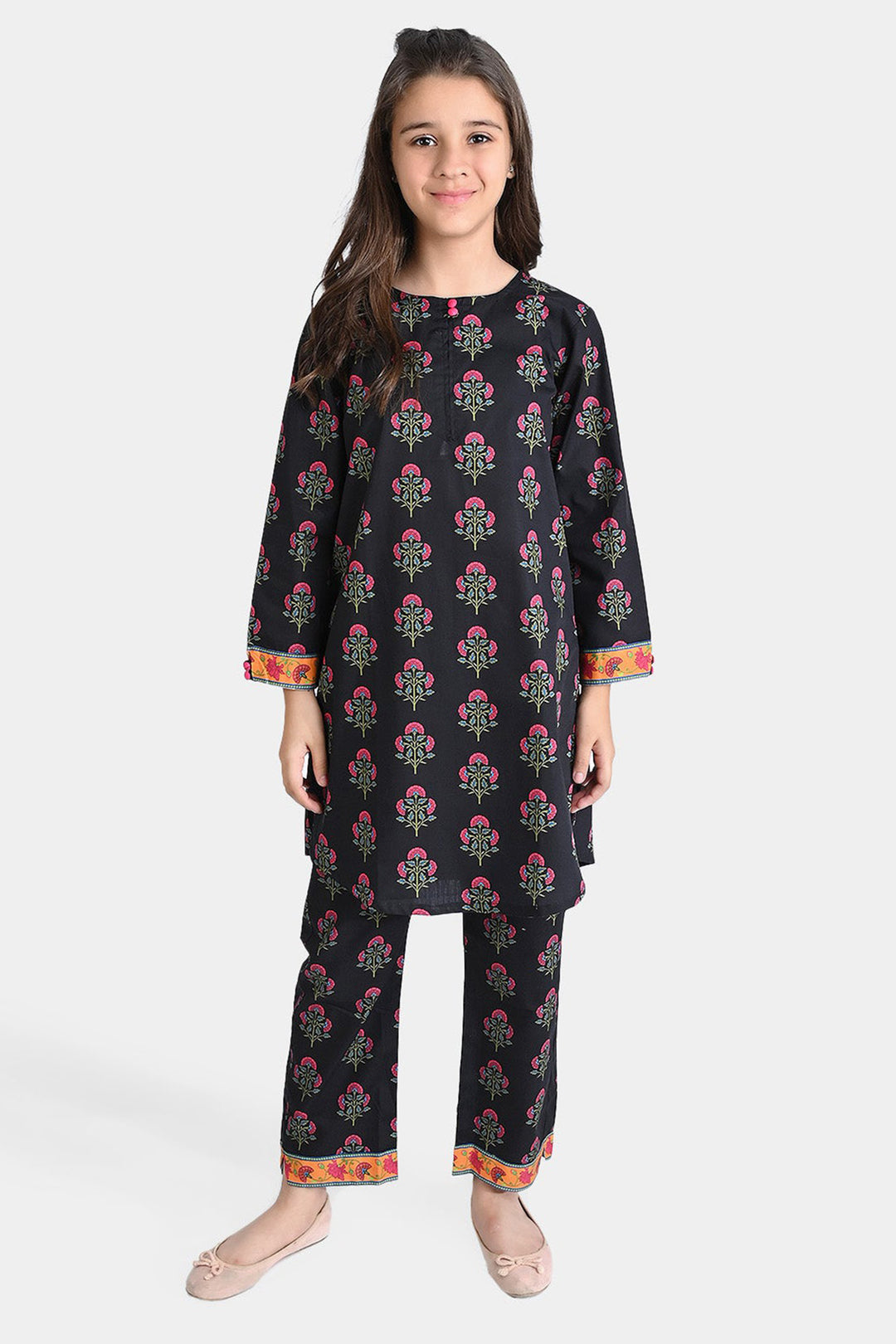 Girls Cotton Poplin Printed 2PCs Suit Boti-BLACK