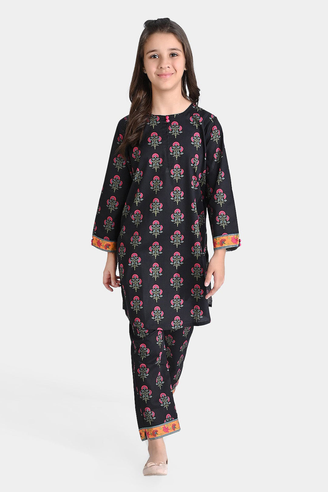 Girls Cotton Poplin Printed 2PCs Suit Boti-BLACK