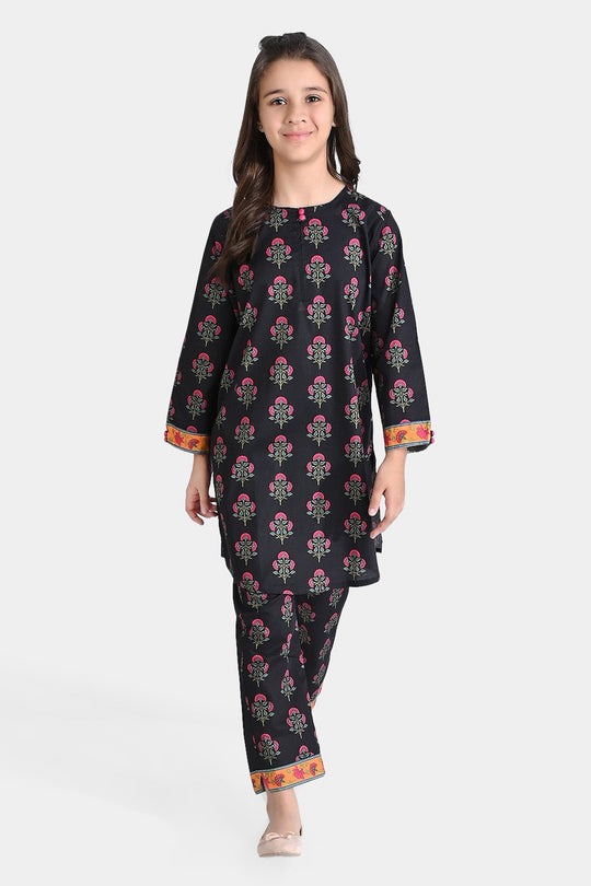 Girls Cotton Poplin Printed 2PCs Suit Boti-BLACK