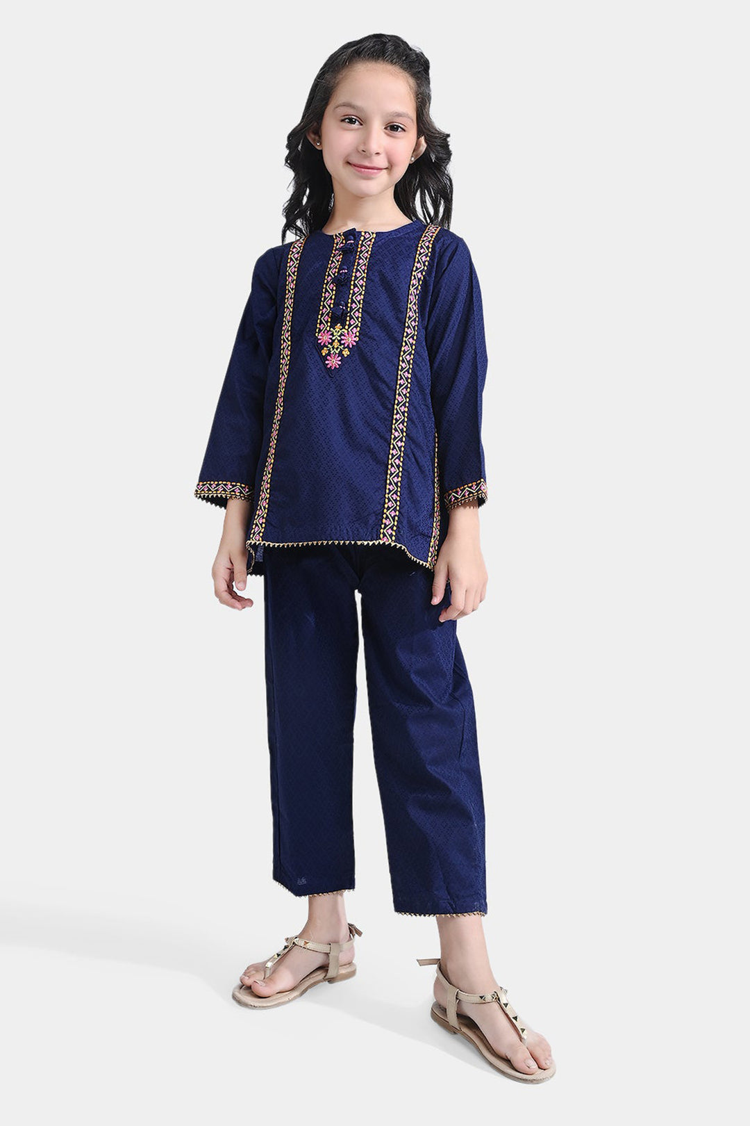 Girls Jacquard EMB 2PC Suit Sakoon-Navy Blue