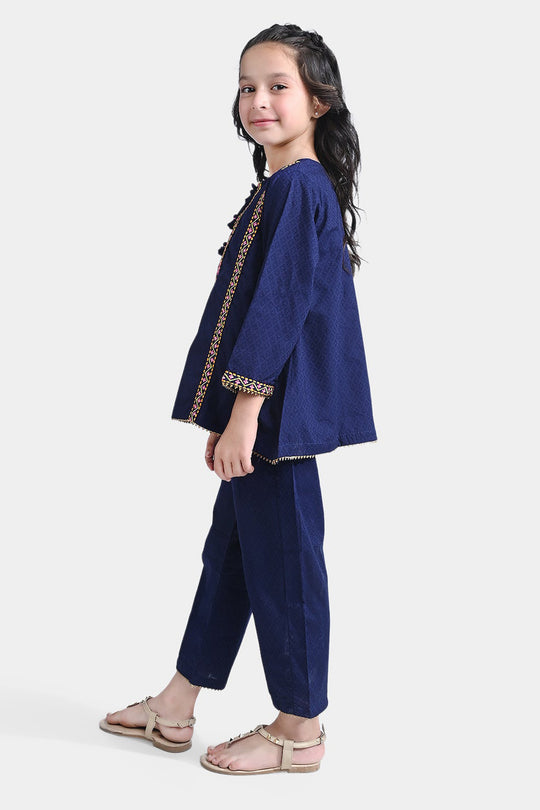 Girls Jacquard EMB 2PC Suit Sakoon-Navy Blue