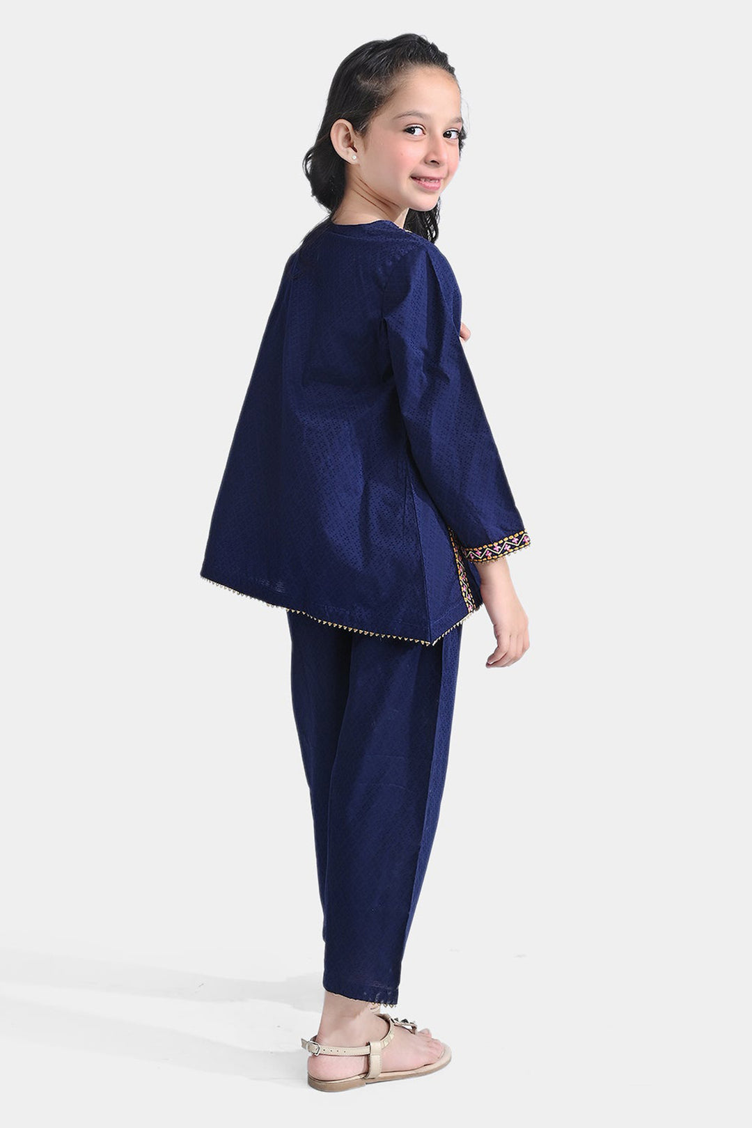 Girls Jacquard EMB 2PC Suit Sakoon-Navy Blue