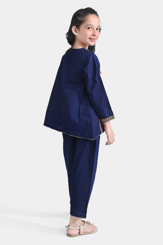Girls Jacquard EMB 2PC Suit Sakoon-Navy Blue