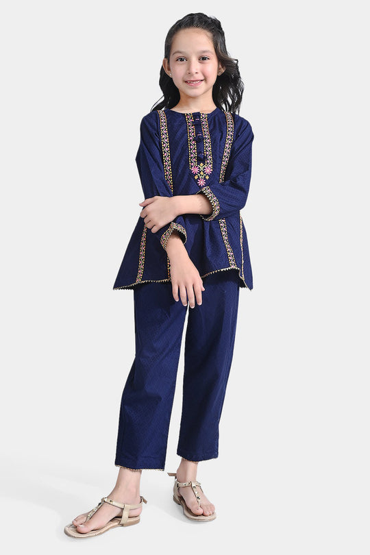 Girls Jacquard EMB 2PC Suit Sakoon-Navy Blue