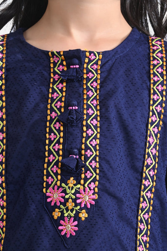 Girls Jacquard EMB 2PC Suit Sakoon-Navy Blue