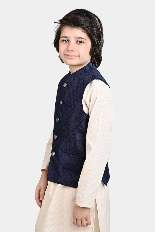 Boys Poly Viscose Waistcoat (Self Textured)-NAVY