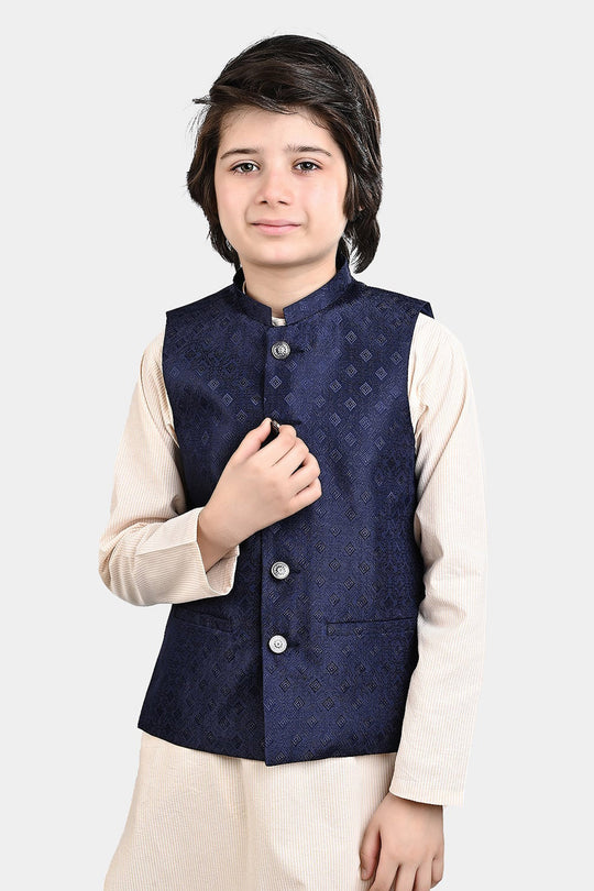 Boys Poly Viscose Waistcoat (Self Textured)-NAVY