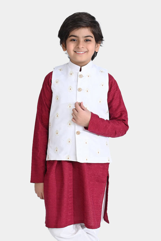 Boys Raw Silk Waistcoat (Royal)-Off White