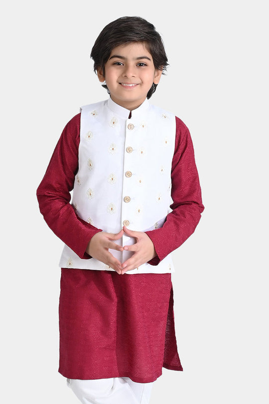 Boys Raw Silk Waistcoat (Royal)-Off White
