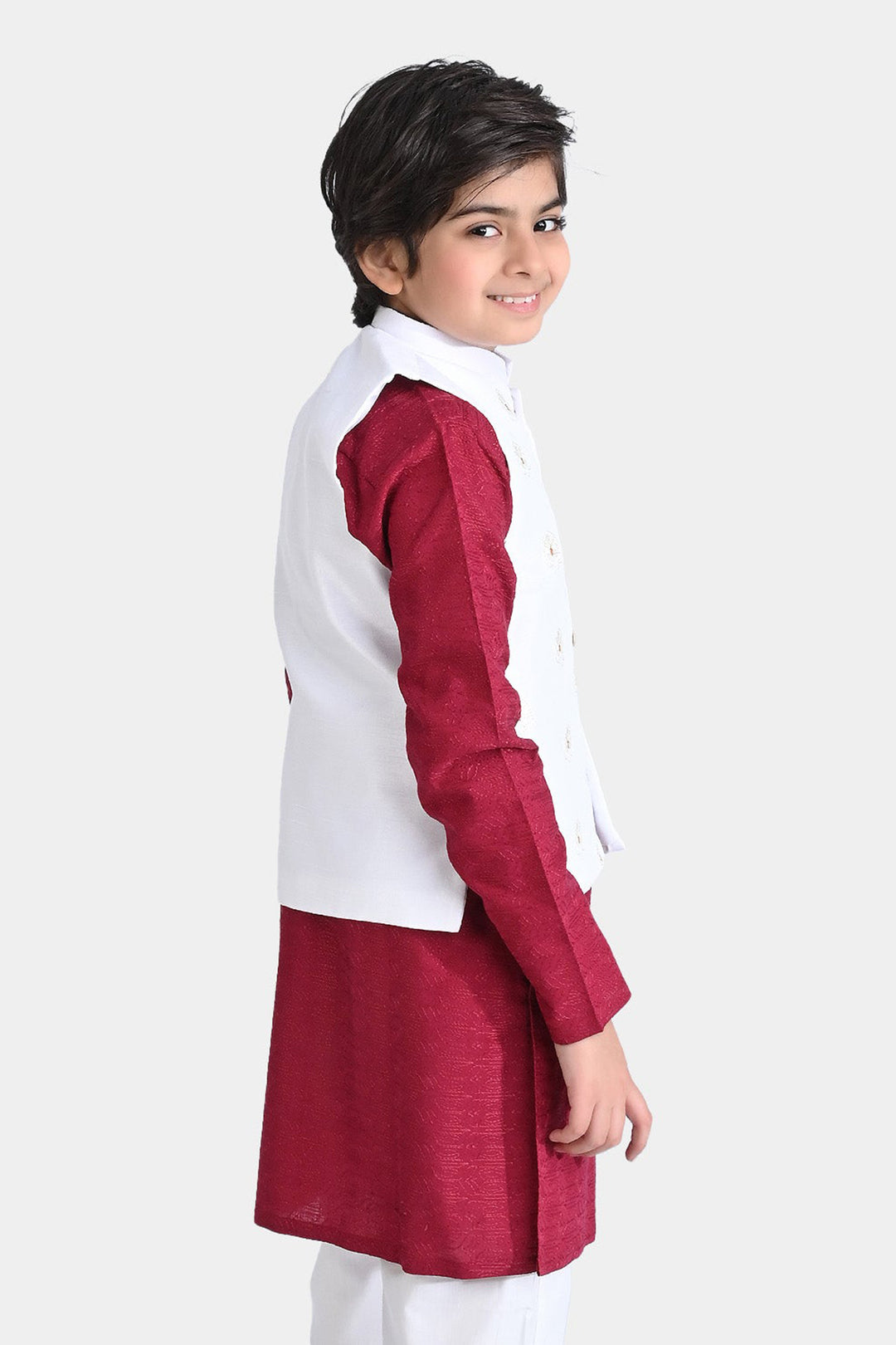 Boys Raw Silk Waistcoat (Royal)-Off White