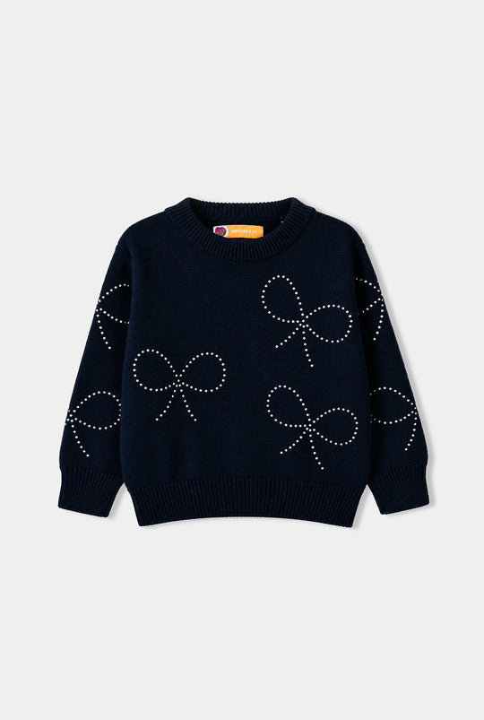 Girls Cotton Sweater Bow Studs-BLUE