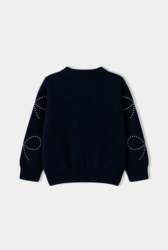 Girls Cotton Sweater Bow Studs-BLUE