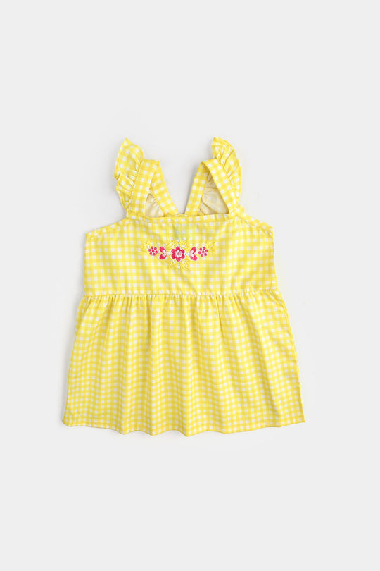 Infant Girls Cotton Poplin Emb Frock Yellow Check