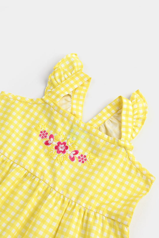 Infant Girls Cotton Poplin Emb Frock Yellow Check