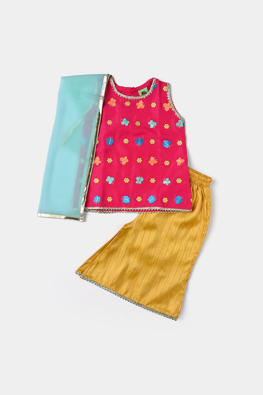 Infant Girls Raw Silk 3PCs Suit Butterfly - Hot Pink