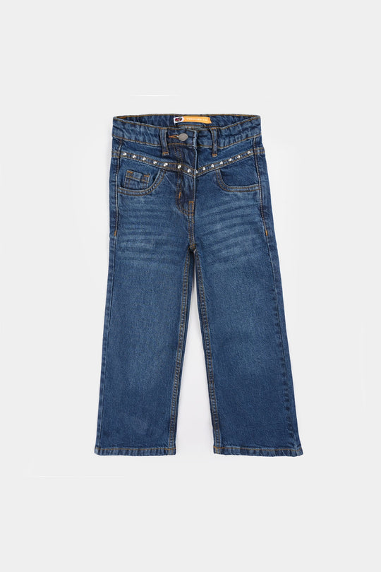 Girls Denim Stretch Pants Yoke Studs - Mid Blue