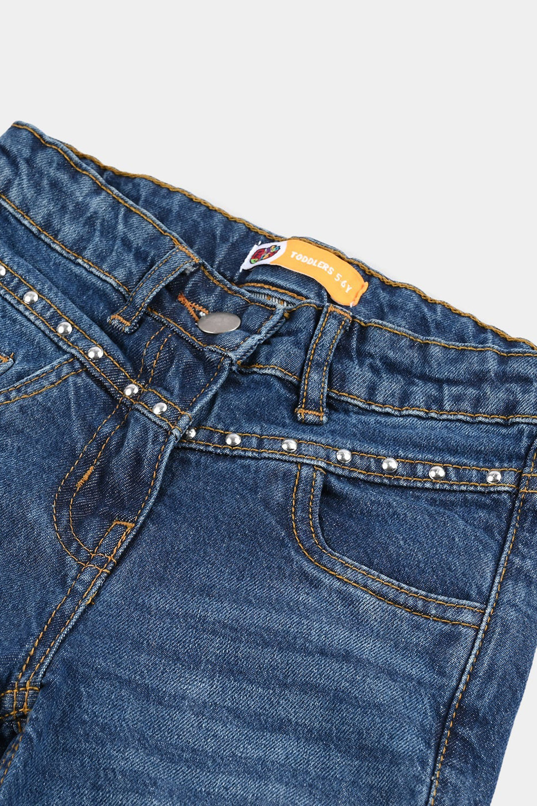 Girls Denim Stretch Pants Yoke Studs - Mid Blue