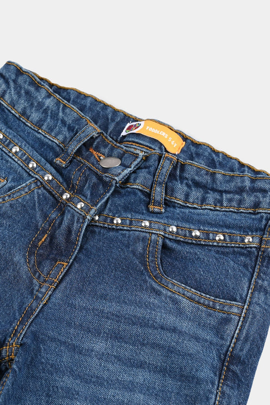 Girls Denim Stretch Pants Yoke Studs - Mid Blue
