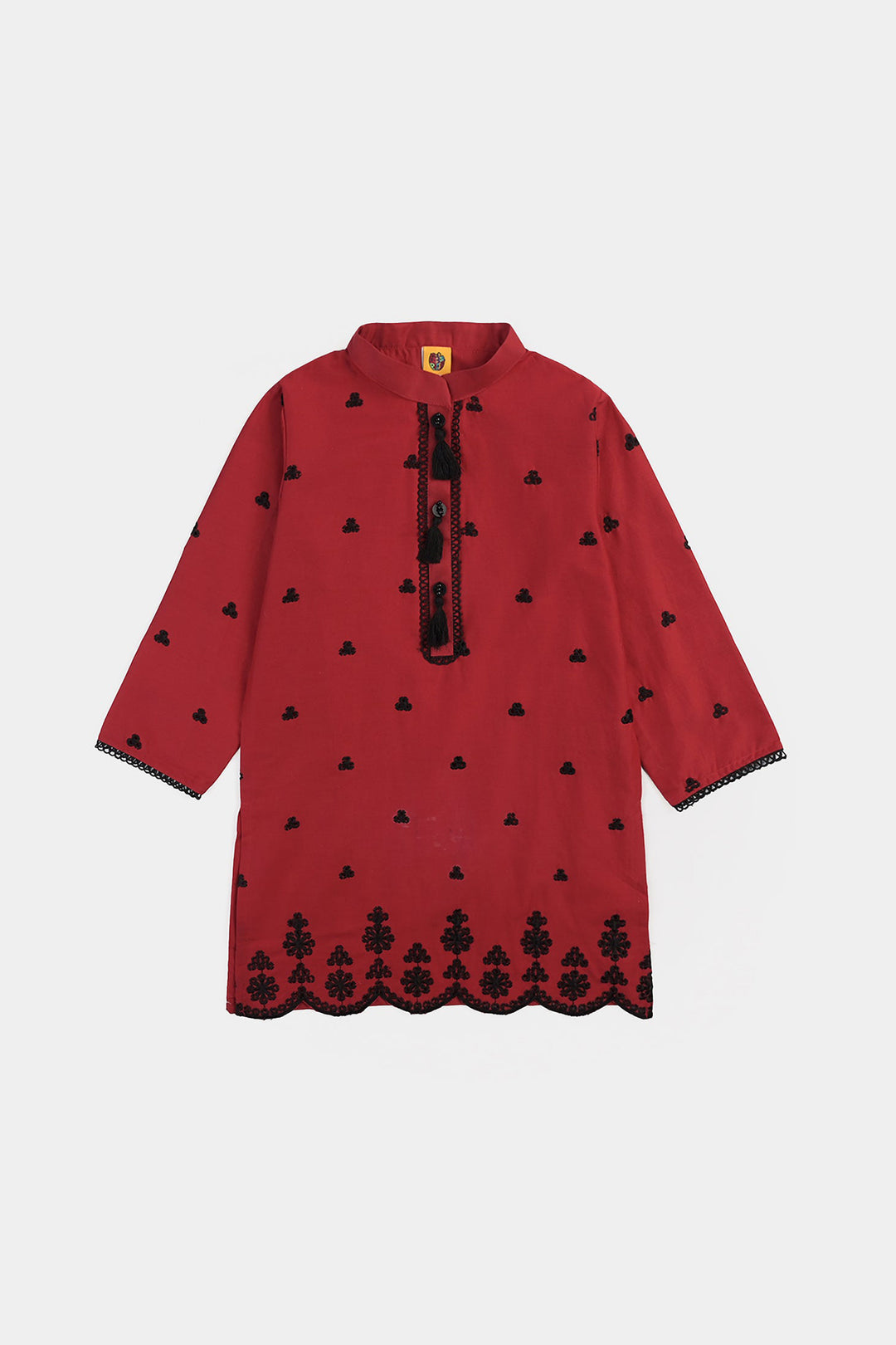 Girls Cotton Poplin Emb Kurti Schiffli-MAROON