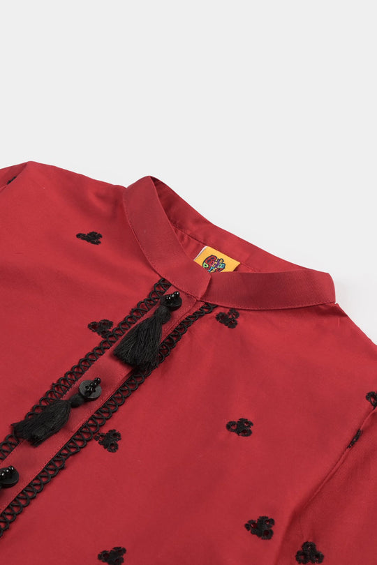 Girls Cotton Poplin Emb Kurti Schiffli-MAROON