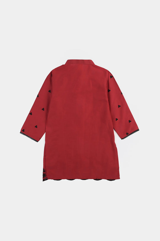 Girls Cotton Poplin Emb Kurti Schiffli-MAROON