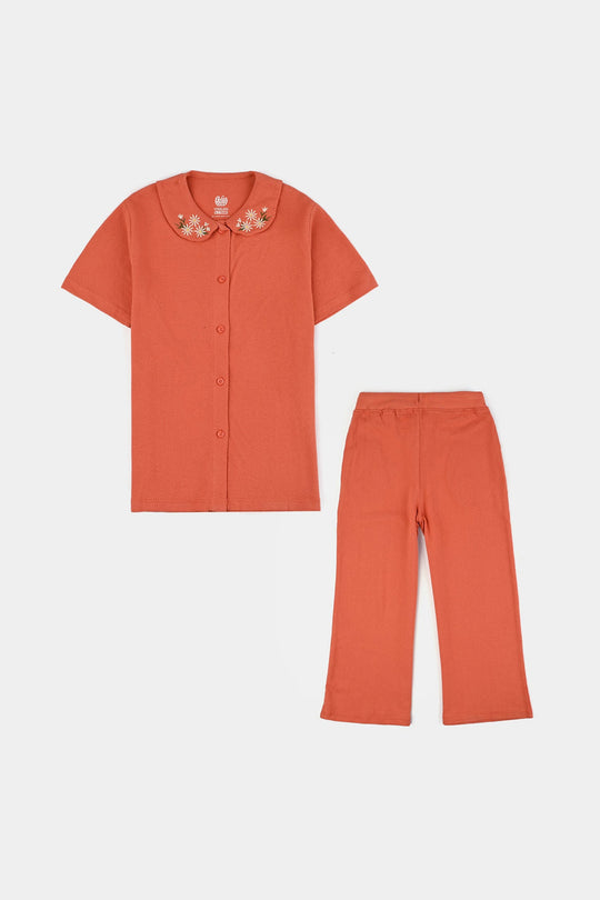 Girls Jersey/Terry 2 Piece Suit EMB Flower-Orange Rust