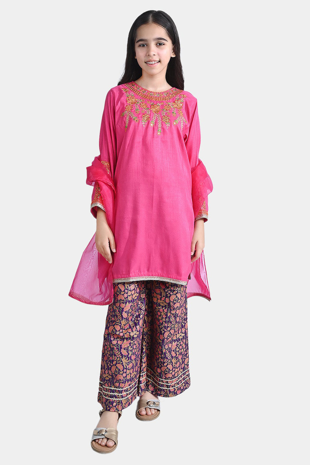 Girls Raw Silk 3PC Suit Husn-B.Pink