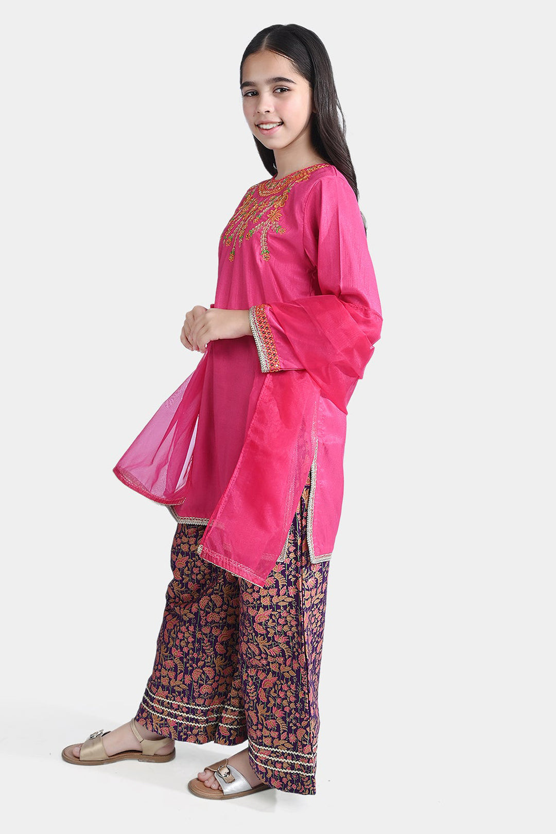 Girls Raw Silk 3PC Suit Husn-B.Pink