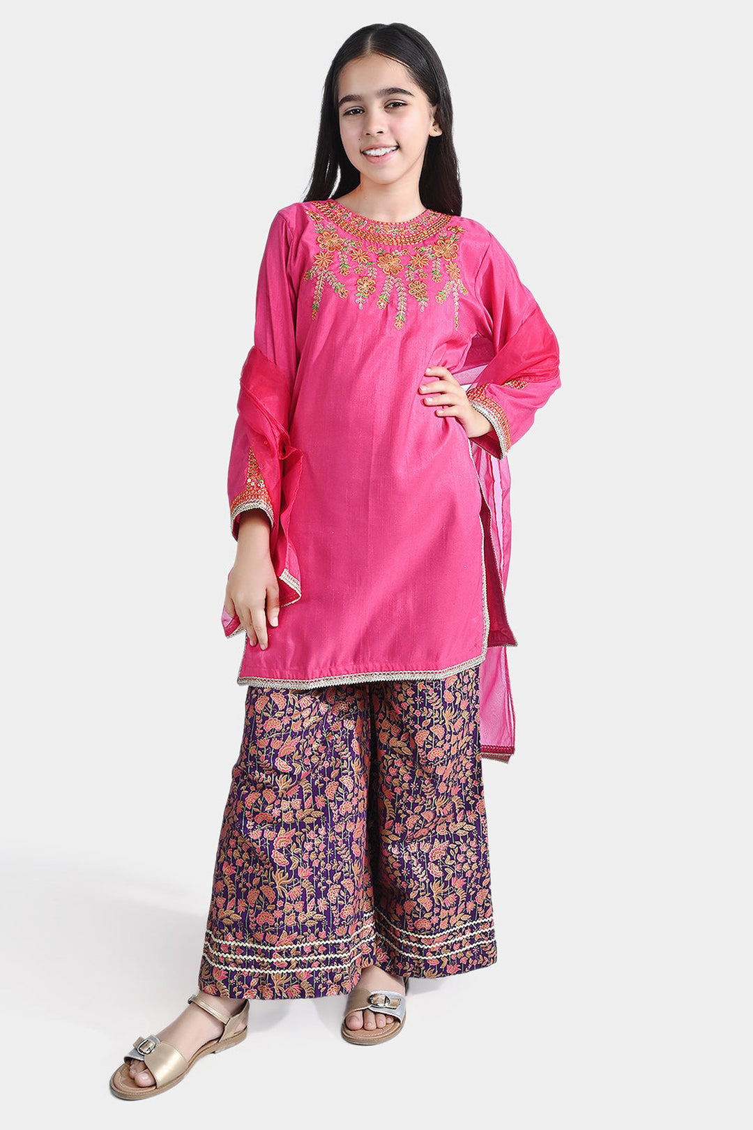 Girls Raw Silk 3PC Suit Husn-B.Pink