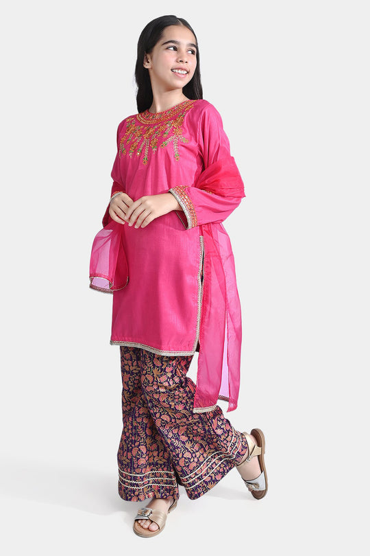 Girls Raw Silk 3PC Suit Husn-B.Pink