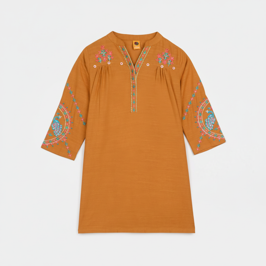 Girls Cotton Slub Emb Kurti Ujala-Mustard