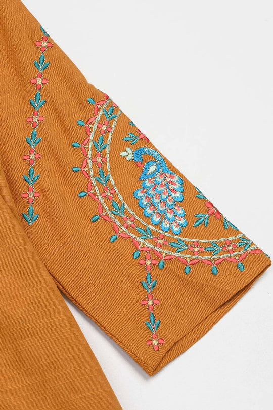 Girls Cotton Slub Emb Kurti Ujala-Mustard