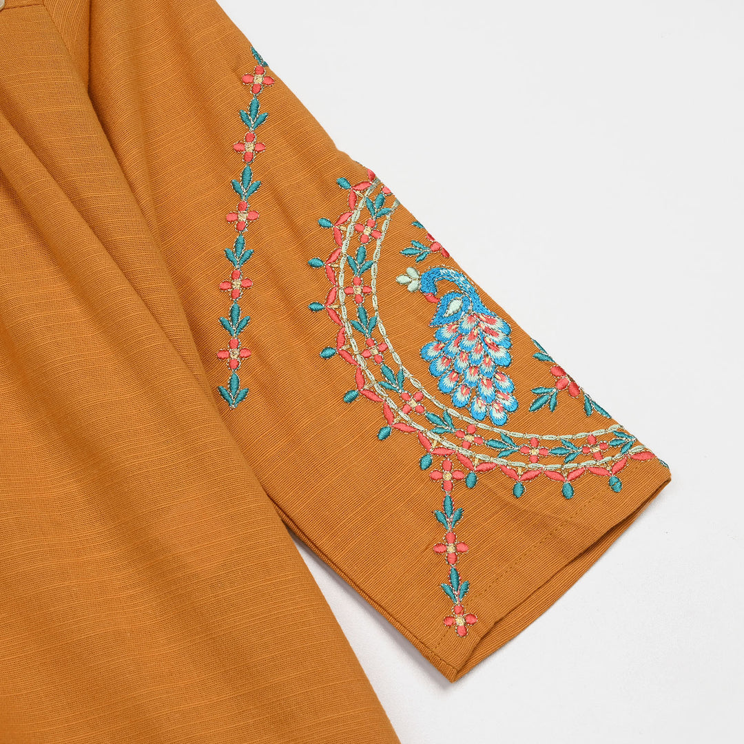 Girls Cotton Slub Emb Kurti Ujala-Mustard