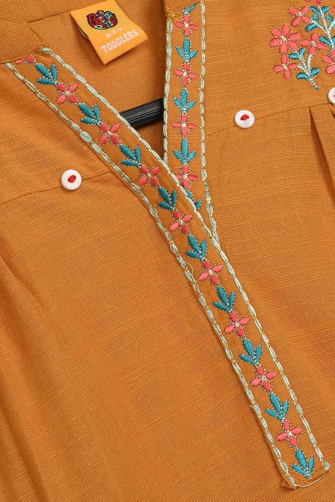 Girls Cotton Slub Emb Kurti Ujala-Mustard