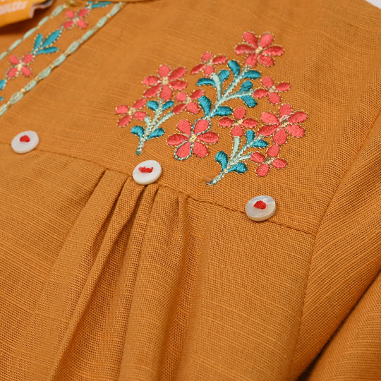 Girls Cotton Slub Emb Kurti Ujala-Mustard