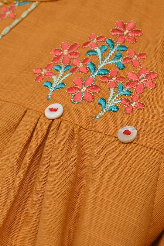 Girls Cotton Slub Emb Kurti Ujala-Mustard